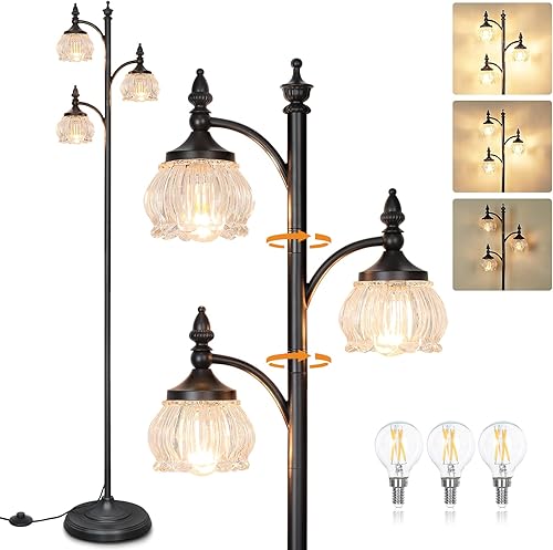 Miniatura 10 de Lámpara de pie negra para sala de estar, lámpara de pie alta, regulable, con 3 luces giratorias, pantalla de cristal, lámpara de esquina moderna