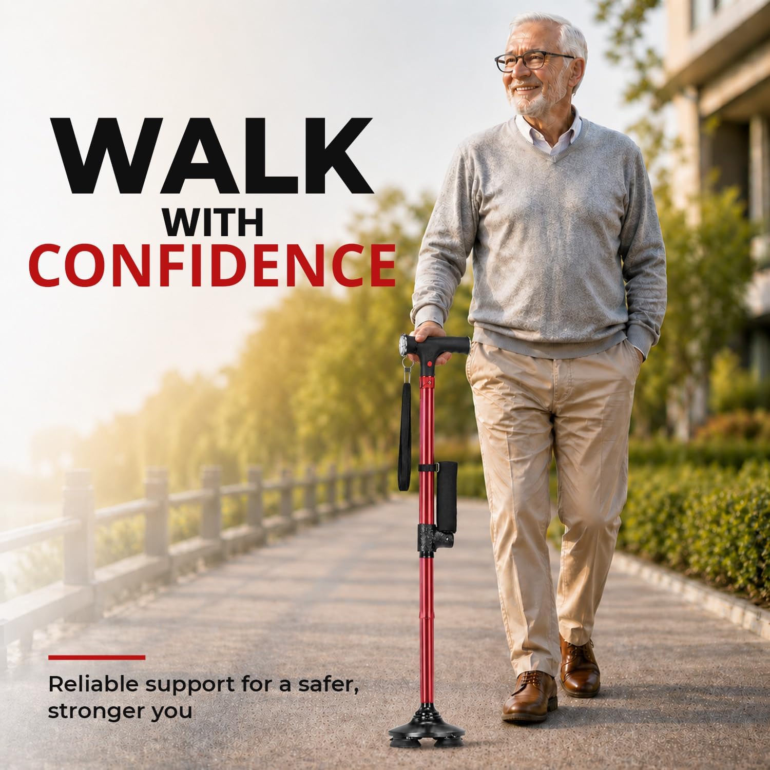 Shop LC Soulsmart Walking Cane for Women Men | Foldable Quad Cane for Stability | LED Light & SOS Alarm | 2 Handles | Adjustable Height | Collapsible Walking Stick for Seniors Adults - Red