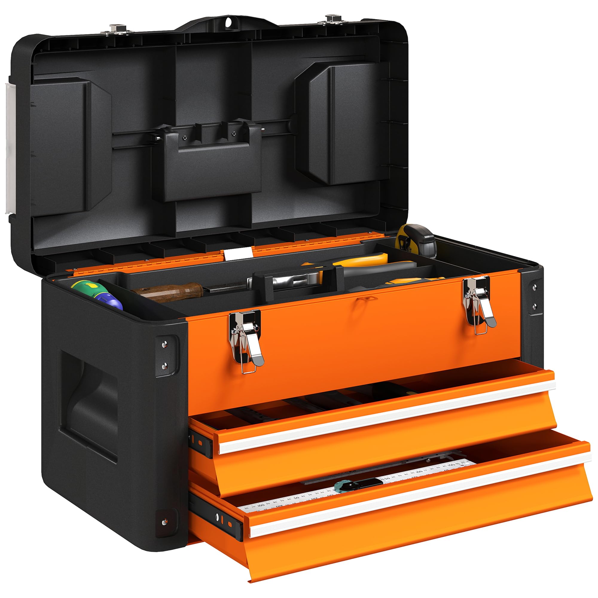 HOMCOM Caja de herramientas vacía, resistente, con 2 cajones, asa, caja de herramientas para el hogar, taller, color naranja