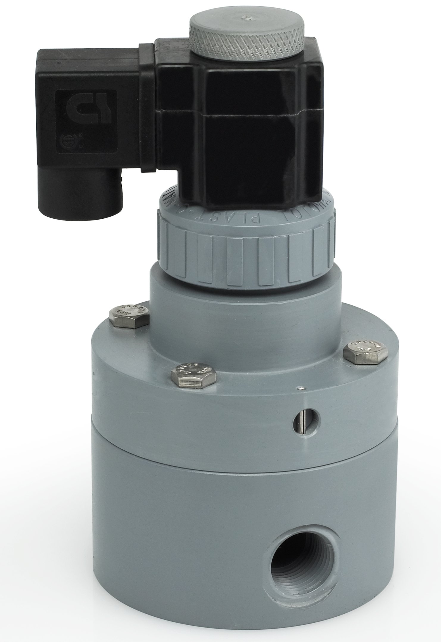 Plast-O-Matic PS Series PVC Pilot Solenoid Valve, for Acids and Highly Corrosive Liquids, 2 Ways, Normally Closed, Viton Diaphragm, 35 Cv Factor, 2" NPT Female