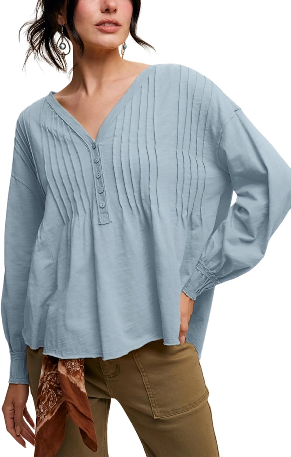 Yeokou Womens Pleated Shirt Cotton V Neck Long Sleeve Button Blouse Loose Fit A Line Henley Summer Fall Top(Blue-M)