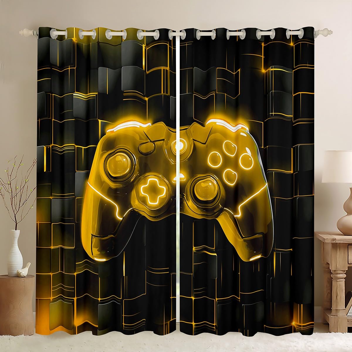 Manfei Kids Gamer Blackout Curtain Black Gold Grid Videogame Console Window Treatments, Modern Gaming Window Drapes for Boys Teen Room Decor, Grommet Top 2 Panel Set Bedroom Curtains, 46Wx54L inch โ image 1