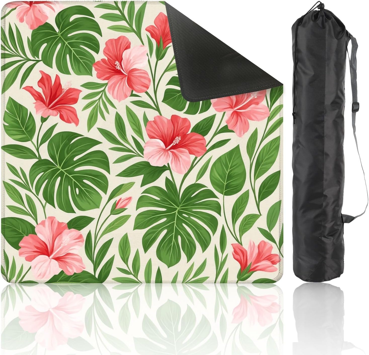 Mahjong Mat 31.5" x 31.5" Seamless Tropical Hibiscus Illustrations Leaf Non-Slip Noise Reduction Mahjong Tiles Table Cover for Dominoes Poker Card Board and Tile Games