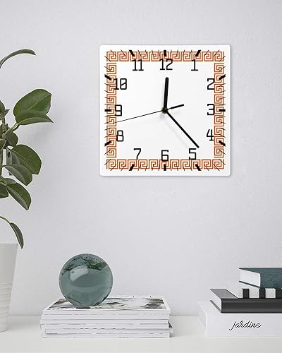 Miniatura 3 de Reloj de pared de madera geométrico naranja, silencioso, sin tictac, diseño de llave griega, tradicional, retro, cuadrado, funciona con pilas, reloj