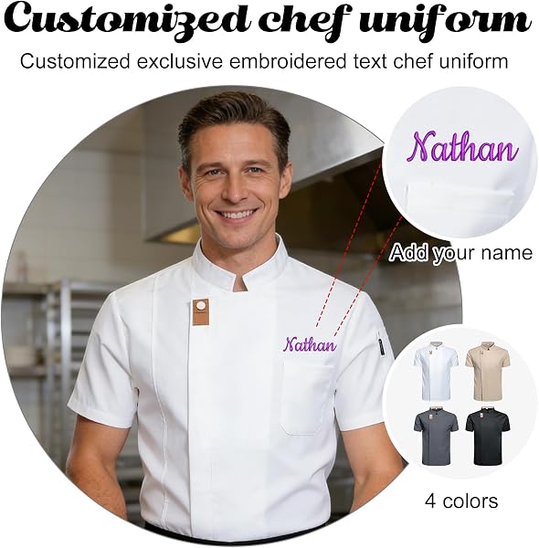 Generisch Personalisierte Kochjacke Herren Kurzarm mit Bestickung, Atmungsaktive Kochjacke Damen Unisex, Profi Kochhemd für Gastronomie - 2