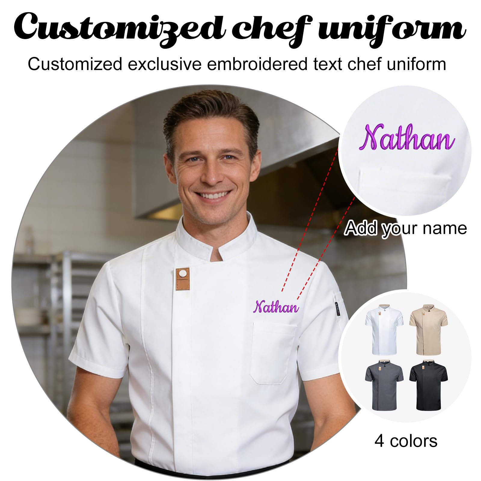 Veste de Chef Personnalisée avec Broderie Texte, Veste Cuisine Homme et Femme à Manches Courtes, Uniforme Professionnel Respirant pour Restauration et Boulangerie - 2