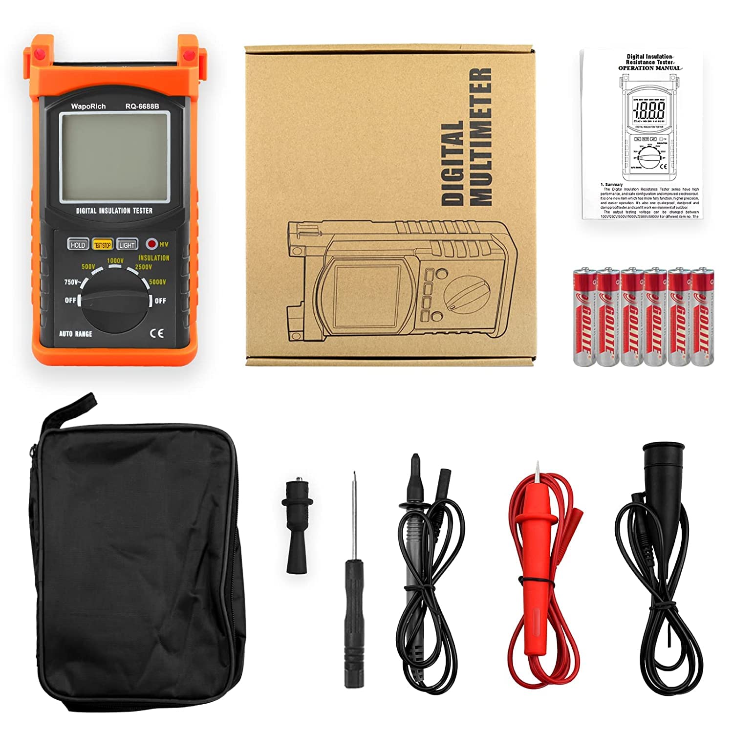 Testeur numérique de résistance d'isolement, WapoRich 200G Ohm MegOhmmeter Mesureur de résistance d'isolement Voltmètre DC AC Multimètre avec 1999 compte, 500V/1kV/2,5kV/5kV tension de test