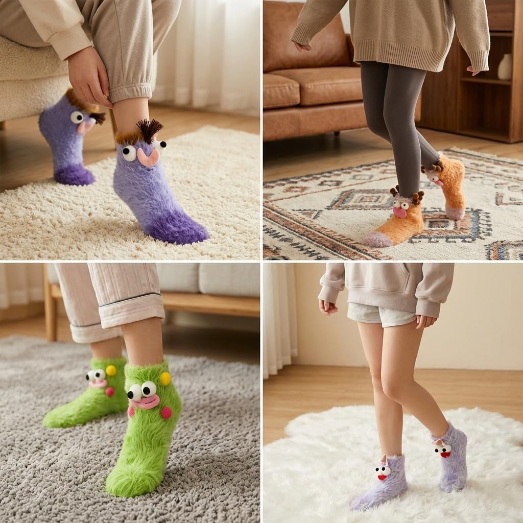 4 Pair Funny Crazy Socks for Women Novelty 3D Cute Animal Fuzzy Socks Soft Faux Mink Plush Crew Socks for White Elephant Gifts Sewn-on Eyes Stretchy Breathable Sleep Socks - Image 7