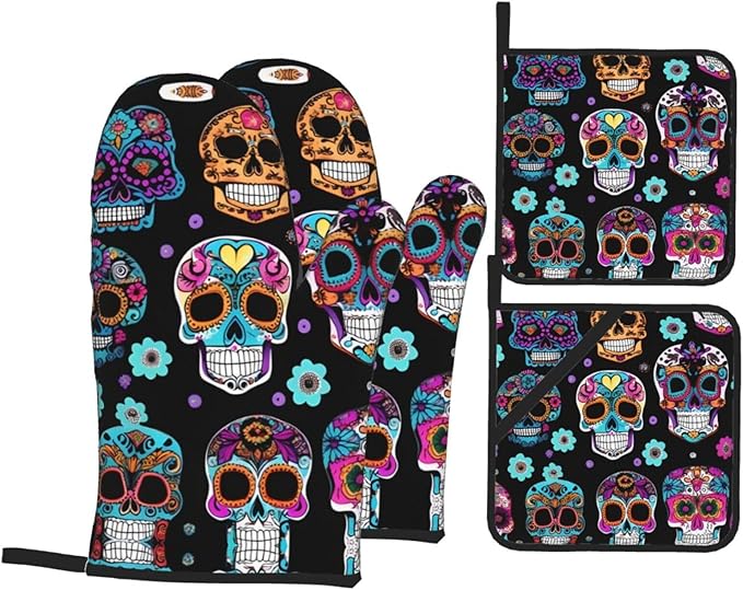 Sugar Skull Printing Oven Mitts and Pot Holders Set 3pcs, Thick Heat-Resistant Kitchen Gloves for Cooking Baking
