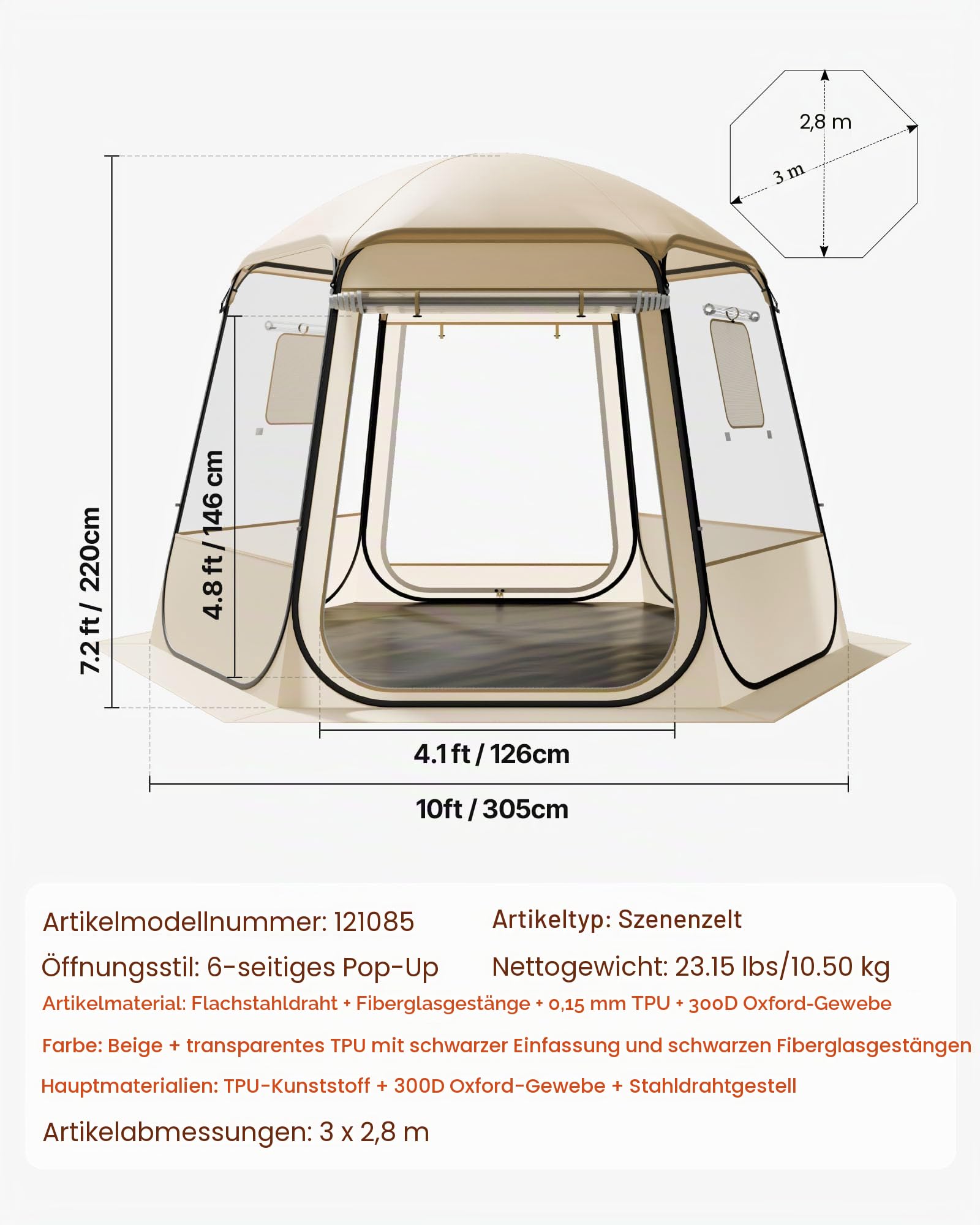 VEVOR Pop-up-Bubble-Zelt, 305 x 275 x 220 cm, transparentes Campingzelt, Garten-Kuppel-Iglu-Zelt mit Fenstern, Sportzelt, 540°-Panoramablick, für 4–8 Personen, Terrasse, Hinterhof