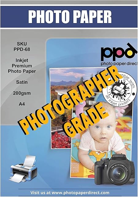 PPD 100 Sheets A4 Inkjet Premium Satin Semi-Gloss (Lustre) Photo Paper 200gsm Professional Photographer Grade Instant Dry Fade and Water Resistant (PPD-68-100)
