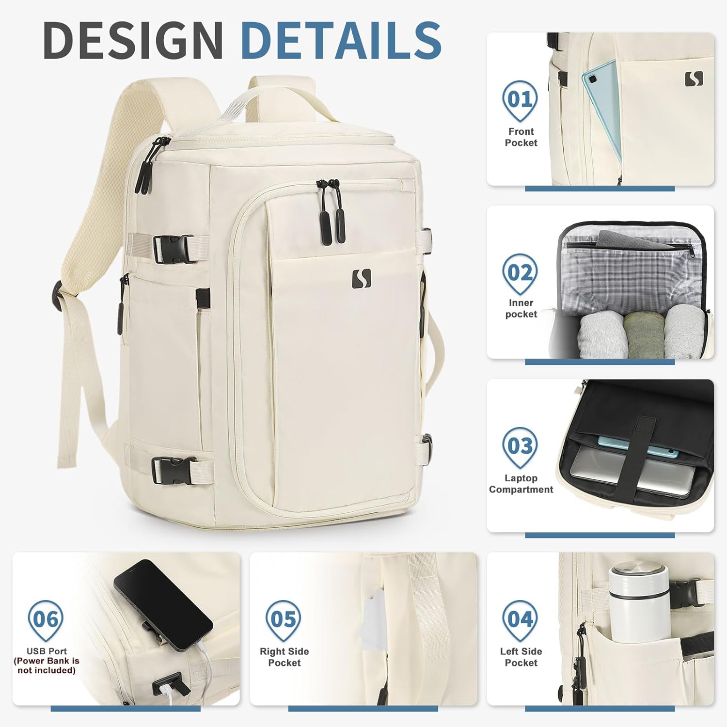 35L Travel Backpack 17" Laptop Backpack W/USB-C Port, Expandable Carry-On Bag, TSA Flight Approved Water-Resistant for Business College, White