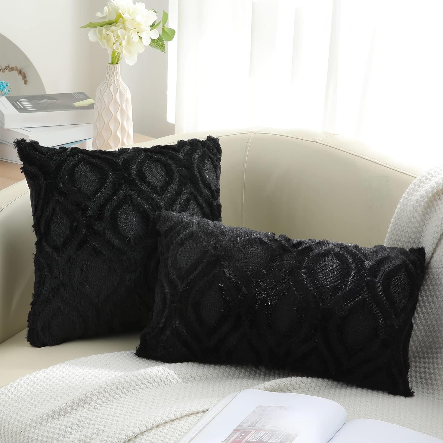decorUhome Cozy Textured Throw Pillow Covers 18x18 Inch Set of 2, Soft Plush Faux Wool Black Accent Couch Pillow Covers for Modern Farmhouse Sofa Bed Living Room - Image 6