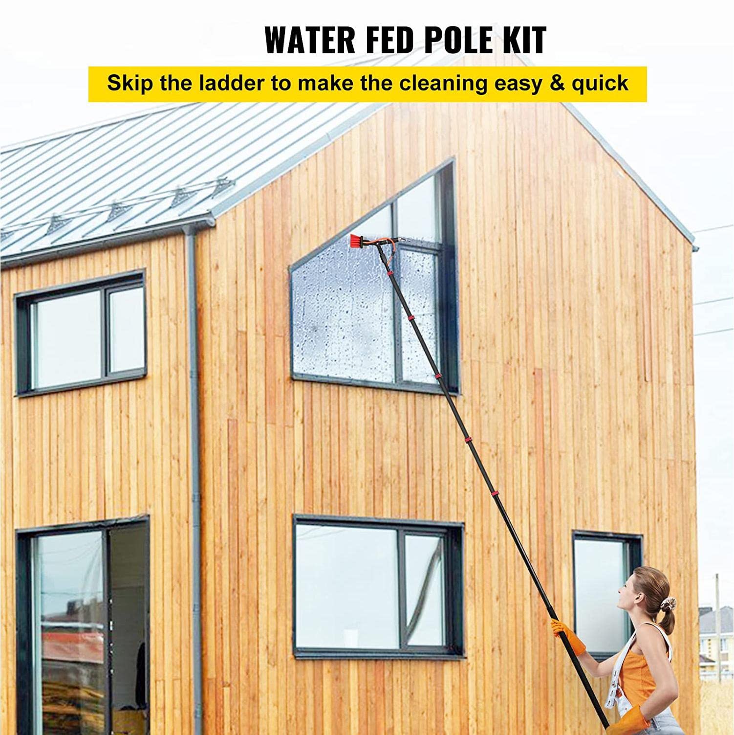 Kit de pértiga de 3,6 m (11,8 pies) 3 en 1 con Suministro de Agua - Sistema de Limpieza de Ventanas de Aluminio con Cepillo y rasqueta Exteriores y limpie