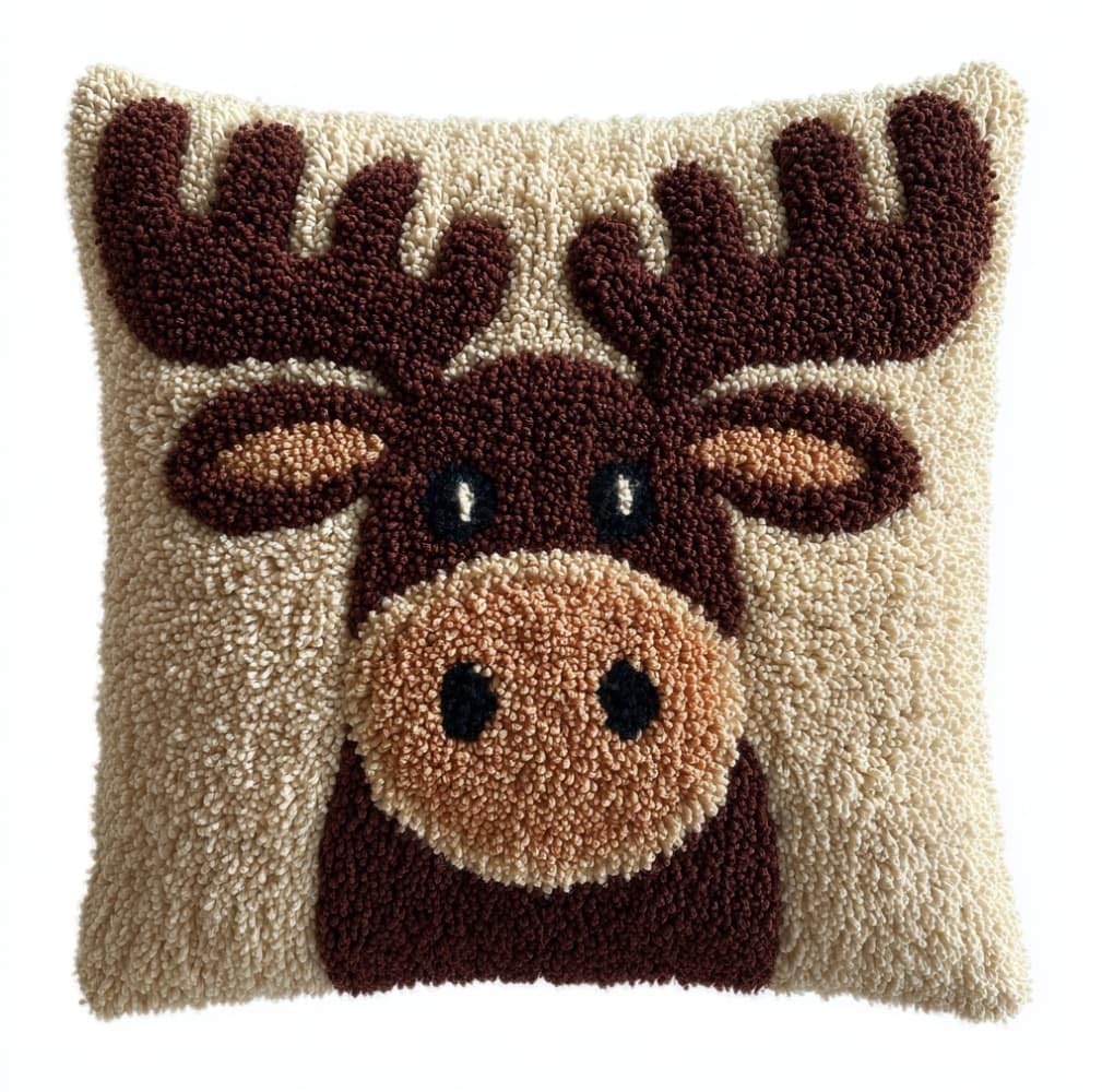 AxiangziK DIY Latch Hook Pillow Kit,Cartoon Moose 17x17inch Printed Pillowcase Crochet Yarns Hooking Handmade Cushion for Home Sofa Decoration