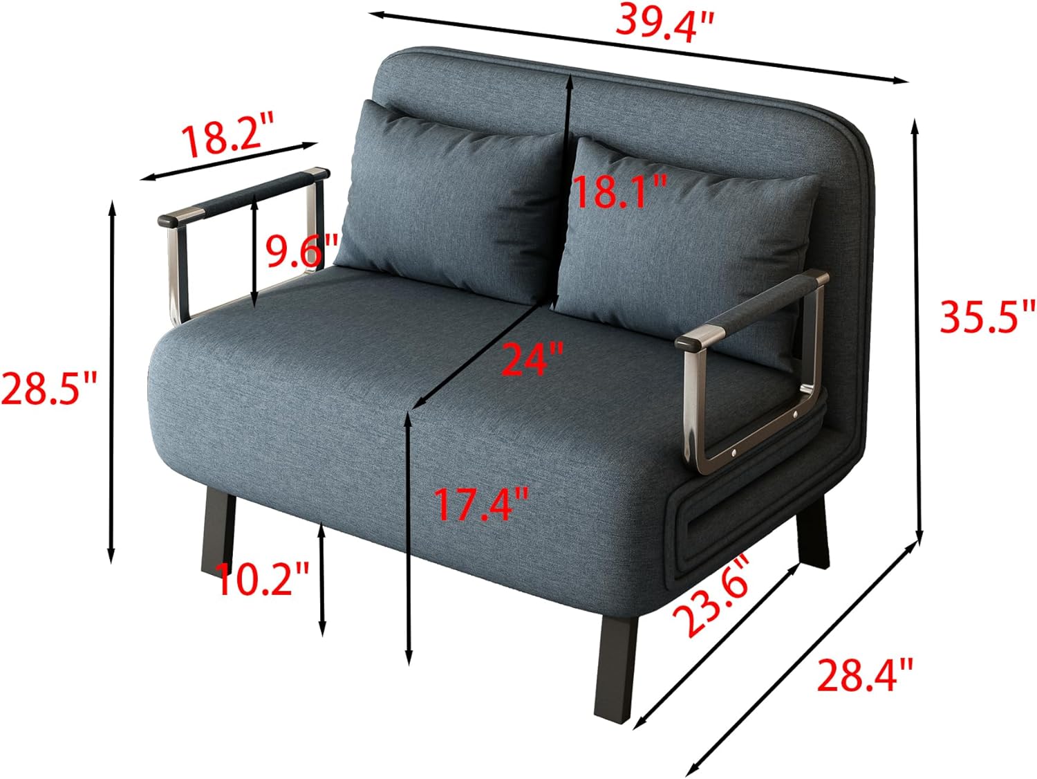 39" Modern Tri-Fold Chair Bed with 5-position Adjustable Backrest, 3 in 1 Convertible Sleeper Chair with 2 Soft Pillow, Comfort Chaise Lounge with Sturdy Frame for Living Room Office Studio, Blue Grey