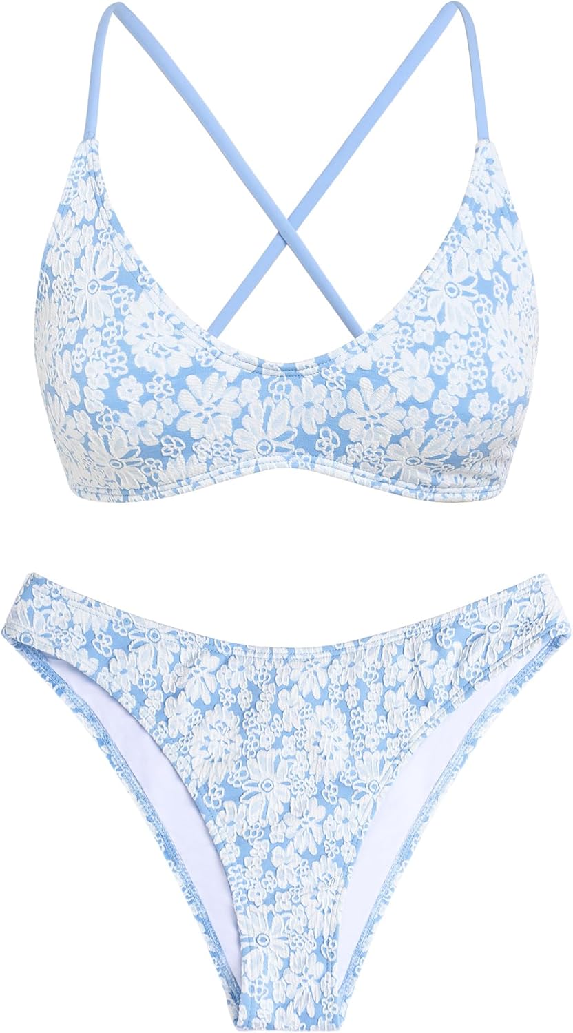 ZAFUL Women 2 Piece Bikini Set Criss Cross Back Floral Printed Stitching Bandeau Swimsuit Tie Side Swimwear