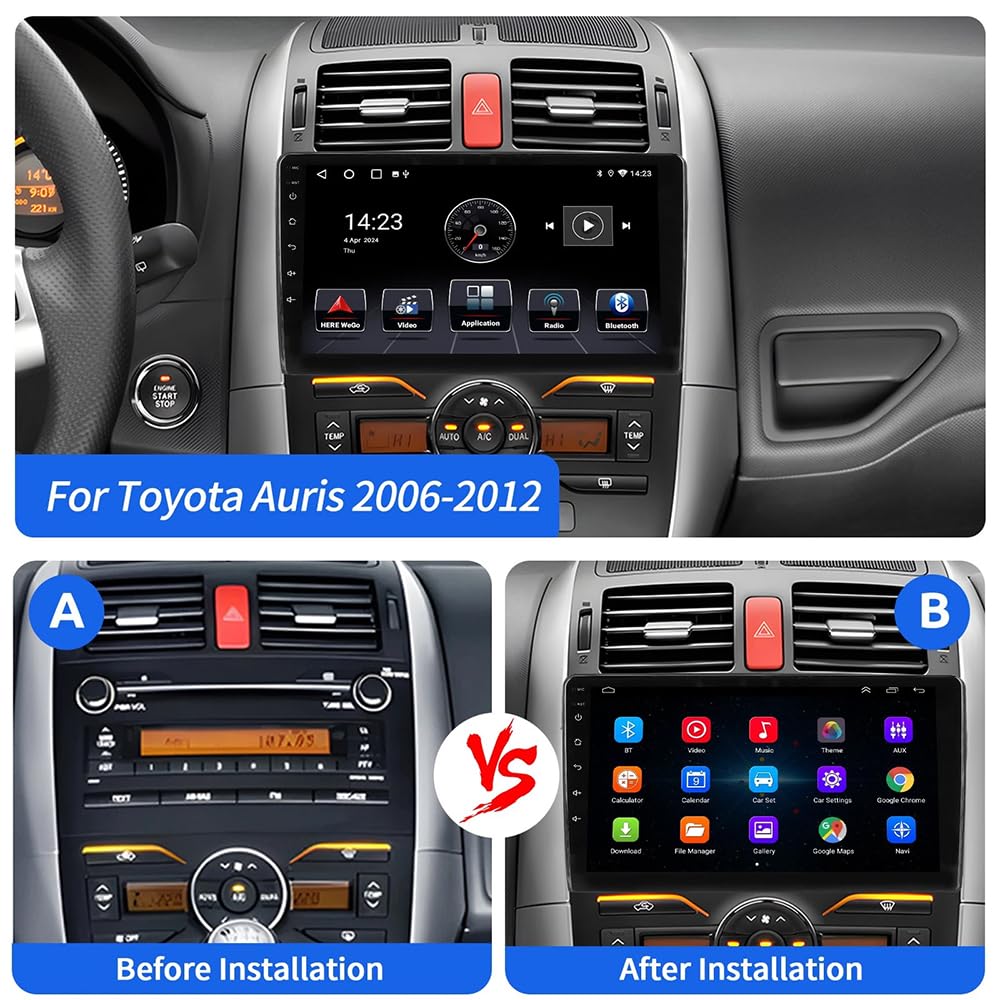 4+64G Android 14 Doppel Din Autoradio für Toyota Auris 2006-2012,9 Zoll Touchscreen Radio Navi mit Wireless Carplay Android Auto Bluetooth FM/RDS Rückfahrkamera Mirror Link