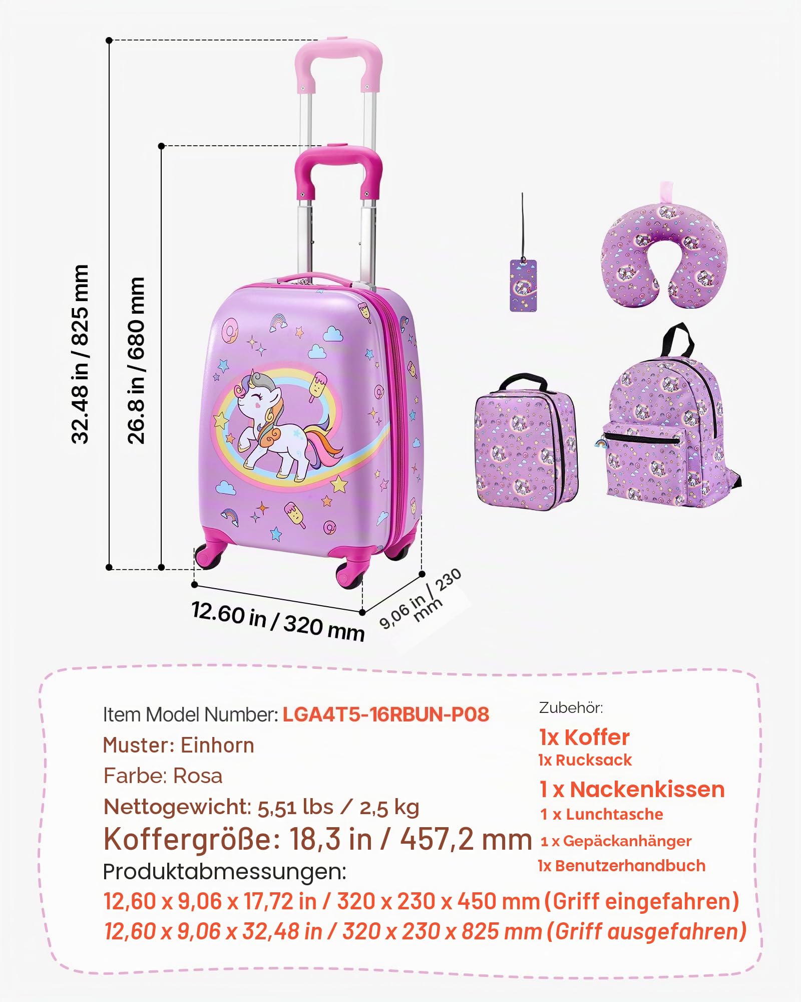 VEVOR 5 TLG. Kinderkoffer Set, 457,2 mm, Hartschalenkoffer mit Kindertrolley, Rucksack, Nackenkissen, Lunchbox & Kofferanhänge, Kofferset fürJungen & Mädchen, praktisch für Reisen Fliegen (Einhorn)