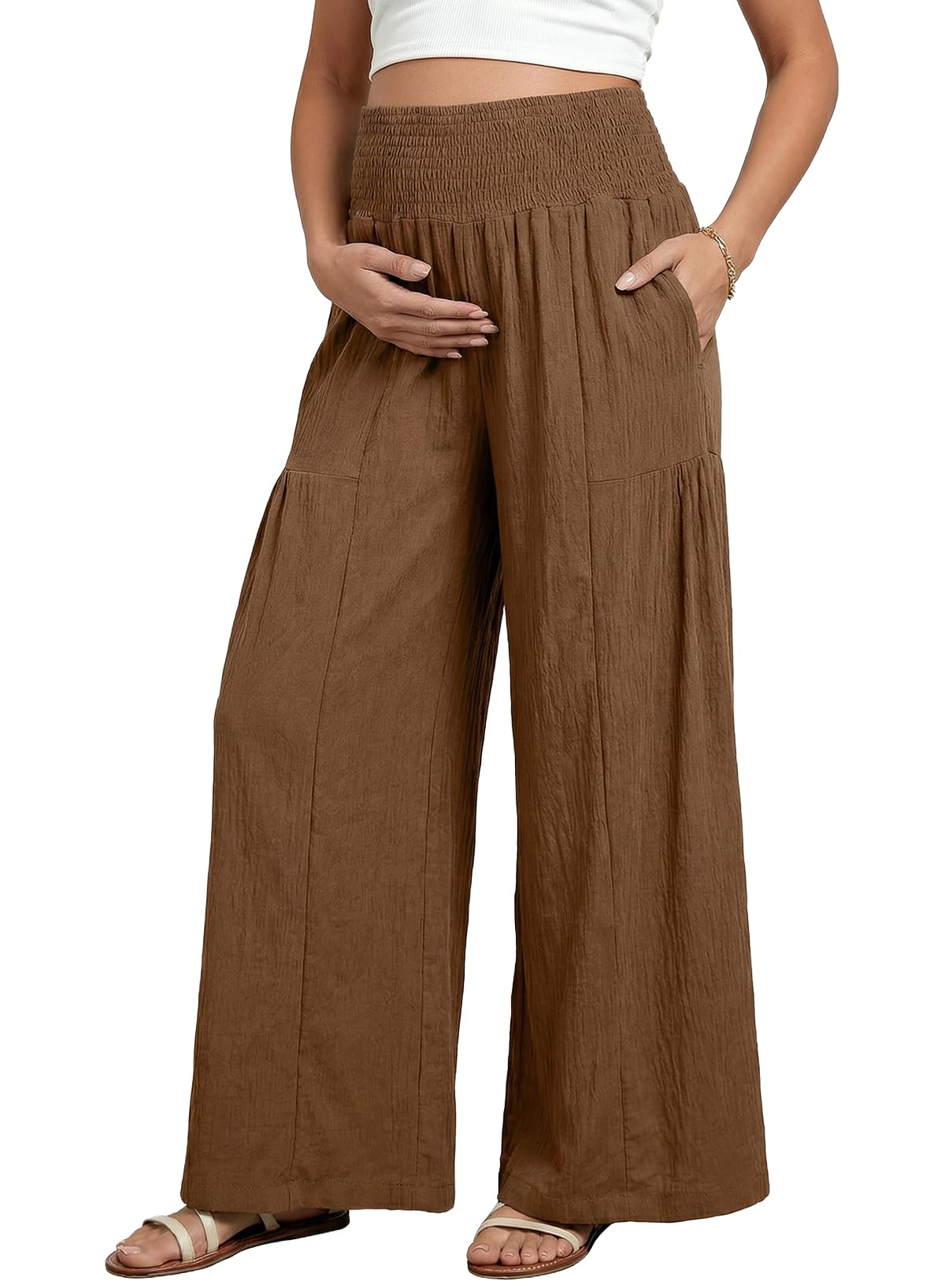 BLENCOT Maternity Smocked Waist Palazzo Pants Wide Leg Casual Trousers