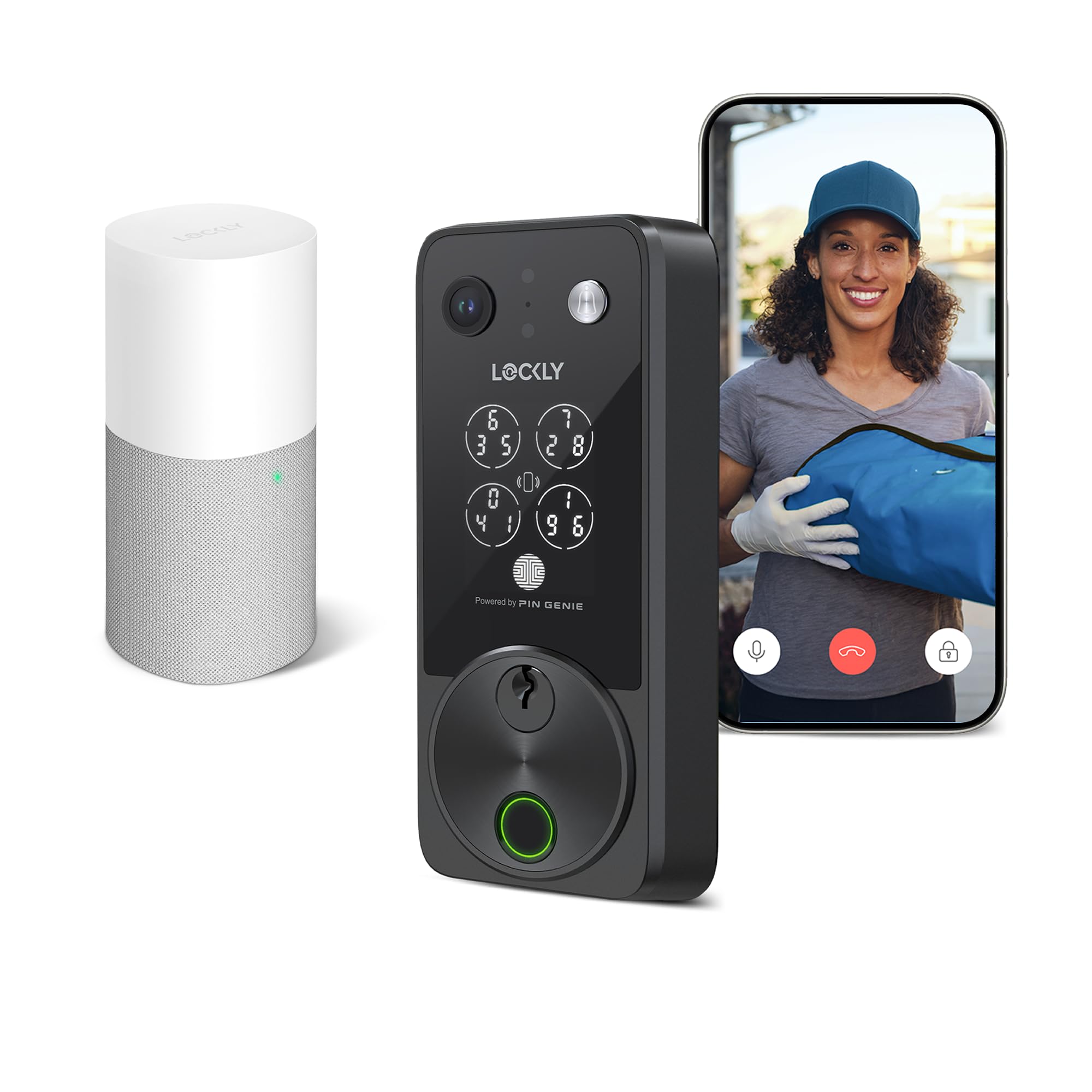 LocklyFingerprint Deadbolt for Front Door, PIN Genie Keypad, Voice/App Remote Control Control, 2 Rechargeable Batteries, IP65 Vision Zeno Smart Lock with Video Doorbell Camera / Apple Home Key