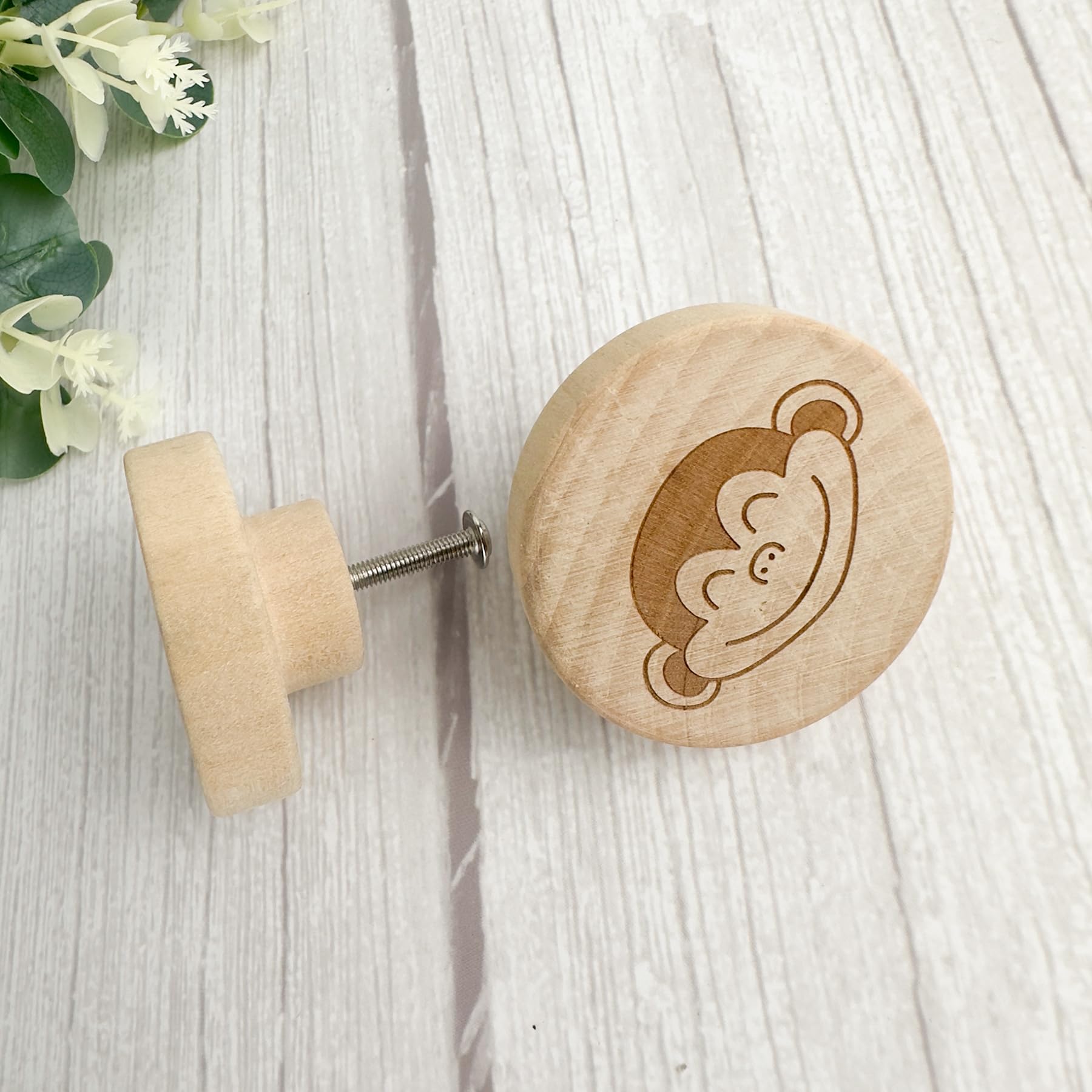 Lasyman 6PCS Round Engraved Animal Flat Wood Knob,Jungle Themed Kids Baby Girls Boy Room Furniture Dresser Knobs,Nursery Lion Nature Wooden Drawer Pull