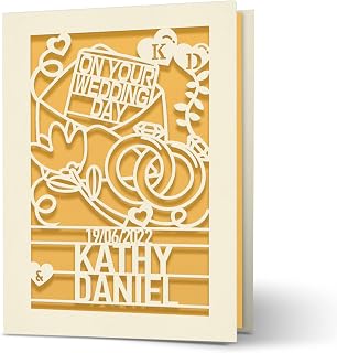 EDSG Wedding Card, A5, Laser Cut, Personalized with Surname and Date, Ivory Color, Blank Inside for Message, Gold