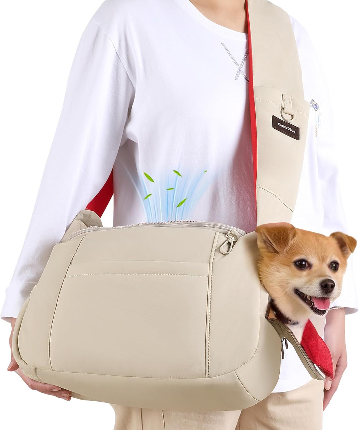 Dog Carrier Sling, Cat Sling Carrier, Adjustable Soft Padded Shoulder Strap with Storage Pocket, Small Dog and Cats Sling Carriers up to 10 lbs, Hands-Free Pet Carrier for Travel Hiking Walking Beige