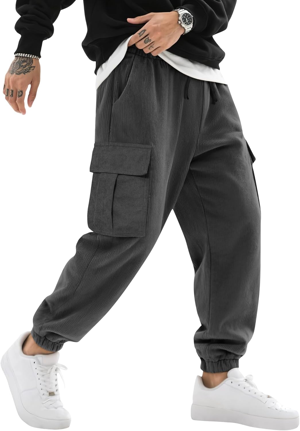 August Alley Men's Cargo Pants Corduroy Joggers Casual Baggy Street Y2k Pants Drawstring Tapered Sweatpants with Pockets