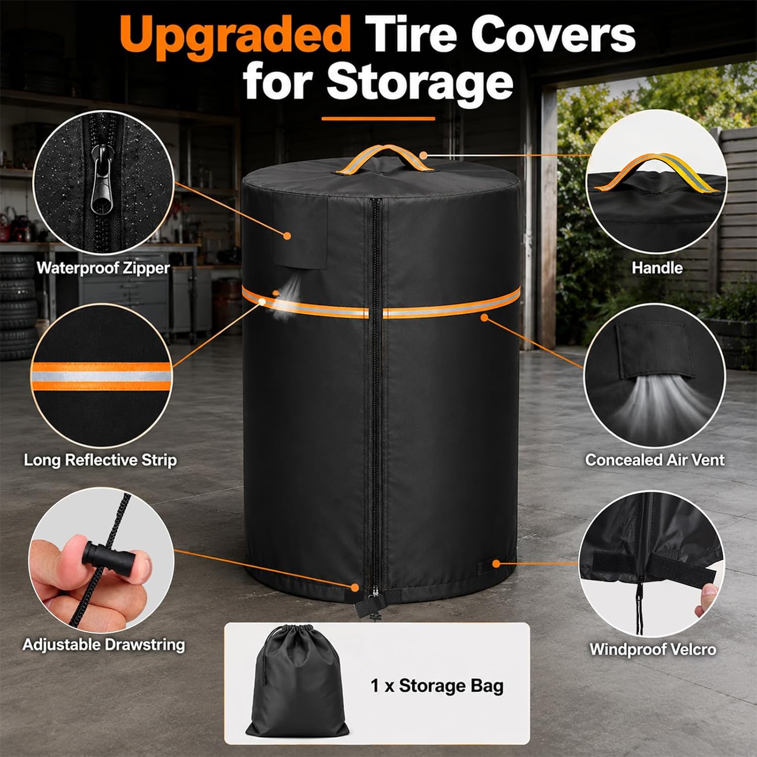 Wheel Cover,Durable 420D Oxford Tire Storage Cover with Waterproof Zipper and Reflective Handle,Easy to Put on,Large Tire Covers for Storage,Indoor/Outdoor Use(Holding 4 Tires Within 32 Inch Diameter)