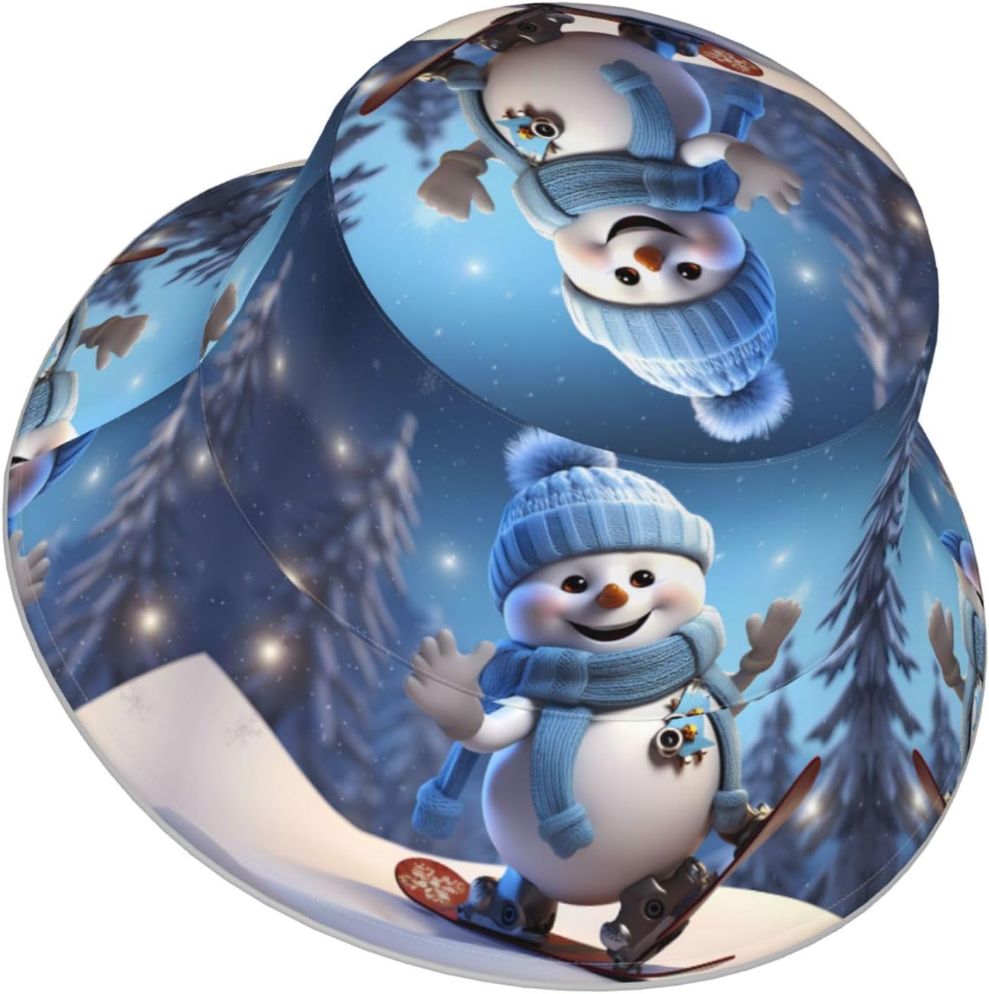(Cute Snowboard Snowman) Reflective Reversible Bucket Hat Foldable Breathable Stylish Two-Way Wear for Outdoor Travel Daily Activities Black
