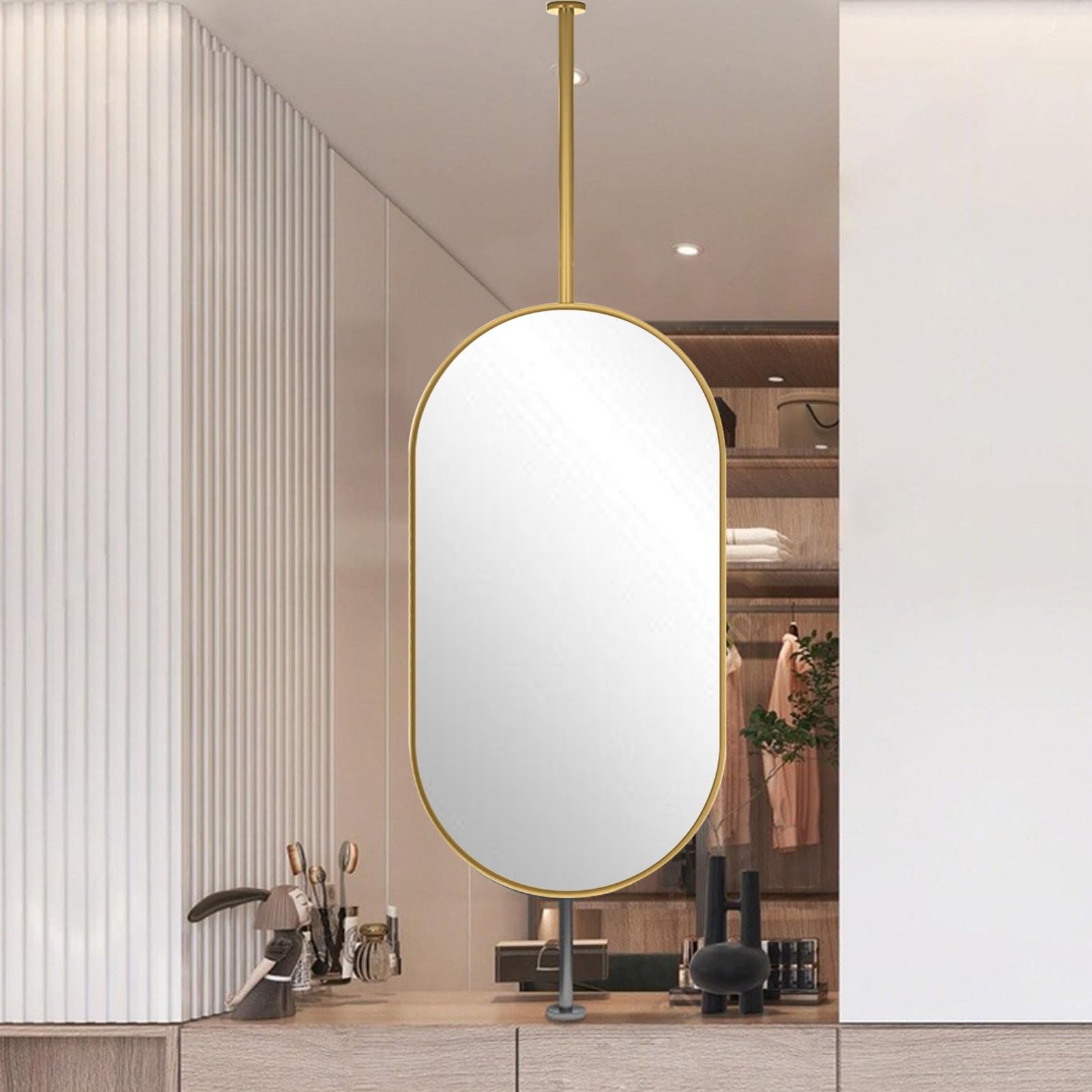 GLJTUO Gold Oval Mirror, Simple Decorative Mirrors for Wall, Ceiling Mounted Mirror with Hanging Rod, Bathroom Vanity Makeup Modern Shaving - Boom can be Customizable,size_name-50cmx70cm