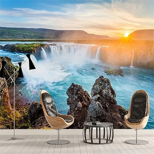Mural de pared grande en 3D con diseño de cascada de puesta de sol, impresión digital, papel tapiz 3D, calcomanías de pared suaves, sin grasa, se