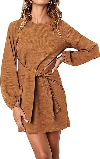 PRETTYGARDEN Womens Fall Elegant Long Lantern Sleeve Short Dress Wedding Guest Crewneck Tie Waist Knit Cocktail Dresses