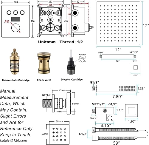 Miniatura 15 de Sistema de ducha termostático dorado cepillado, juego de grifo de ducha LED de lluvia de 12 pulgadas, sistema de cabezal de ducha de cuerpo completo
