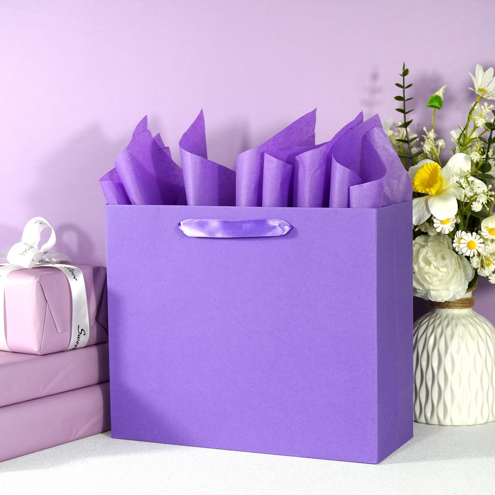 Elegant Purple Gift Bag 11.8"x4.5"x9.8" with Ribbon Handles, Includes Card and Tissue Papers, Perfect for Birthdays, Weddings, Parties, Holidays, Baby Shower