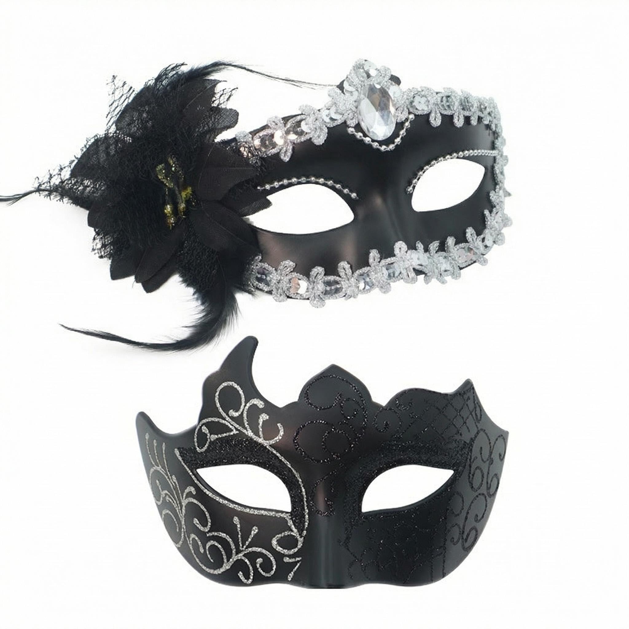 Xizhounianfeng 【2 Pack】 Plastic Lace Masks for Women Men Masquerade, Half Face Mardi Gras Mask, Venetian Carnival Eye Masks with Rhinestones for Halloween Christmas Cosplay Party Supplies(Sliver)