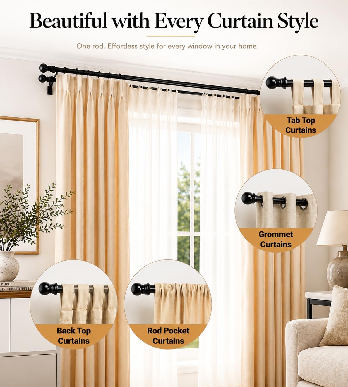 Double Curtain Rod 28-42 Inch, 1 Inch Heavy Duty Adjustable Drapery Rod Set with Brackets, Decorative Curtain Rod for Sheer,Blackout Curtains, for Kitchen Bedroom Living Room Windows -Black