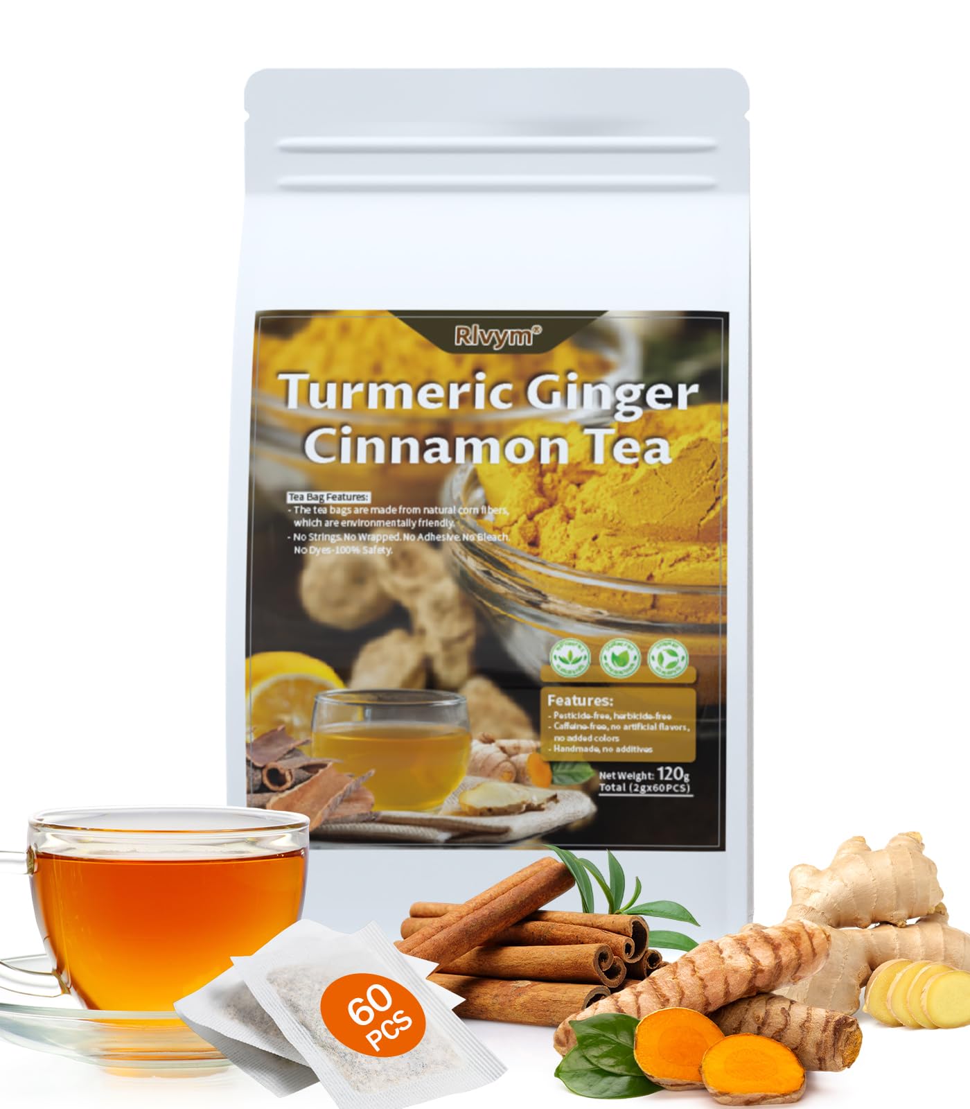 60Pcs Turmeric Ginger Cinnamon Tea, Natural Turmeric Herbal Tea, Improve Digestion, Support Skin, Sleep, Eco-Conscious Teabags, No Sugar, No Caffeine,