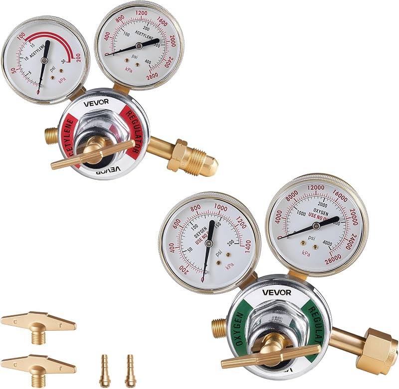 VEVOR Oxygen Acetylene Regulator Set, Oxy-Acetylene Regulators, 0-4000PSI and 0-400PSI Welding Gas Gauges with CGA-540/CGA-510 Inlet Connection & 9/16"-18 Outlet Connection, T-Handle Adjustment