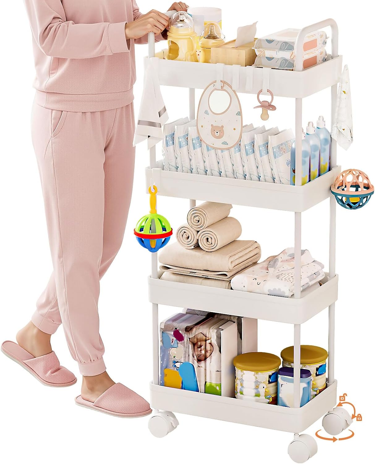 Homde Baby Diaper Caddy Organizer for Nursery: 4-Tier Rolling Lockable Cart - 10-15 Assembly - Holds 45 lb - Sturdy Metal Frame Easy-Clean ABS - Changing Station for New Parents