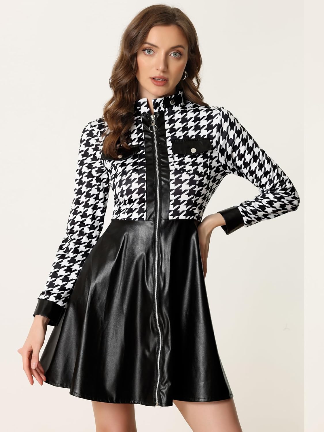 Allegra K Women's PU Faux Leather Houndstooth Patchwork Zipper Up Club Party A-Line Dress - Image 3