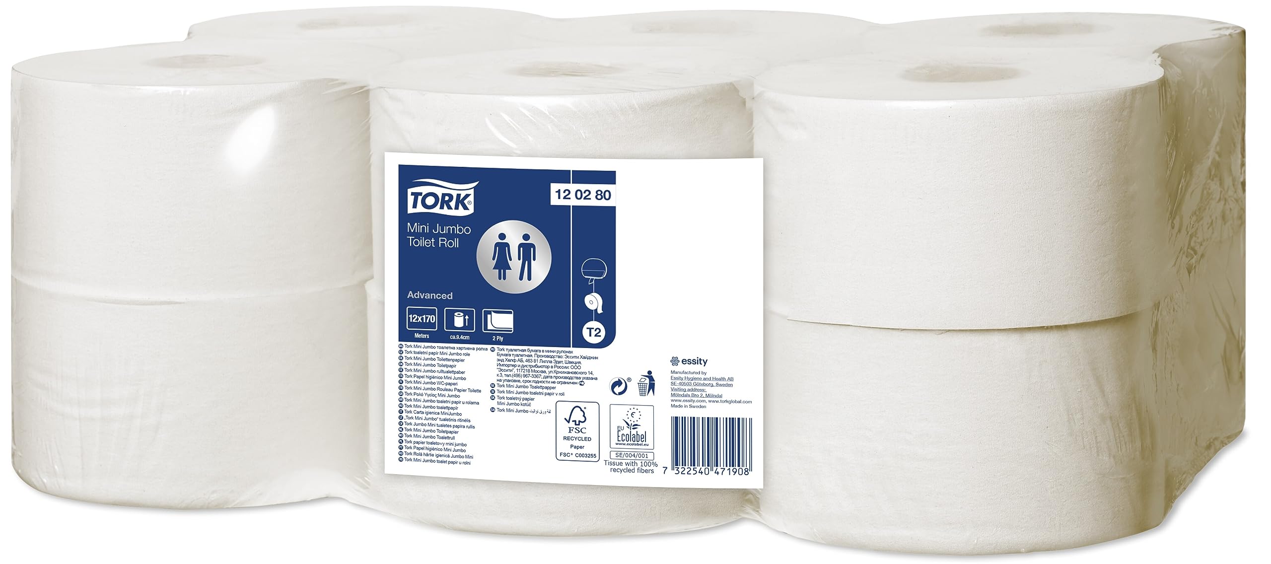 Tork Papier toaletowy Mini Jumbo T2, biały, Advanced, dwuwarstwowy, 12 × 170m, 120280
