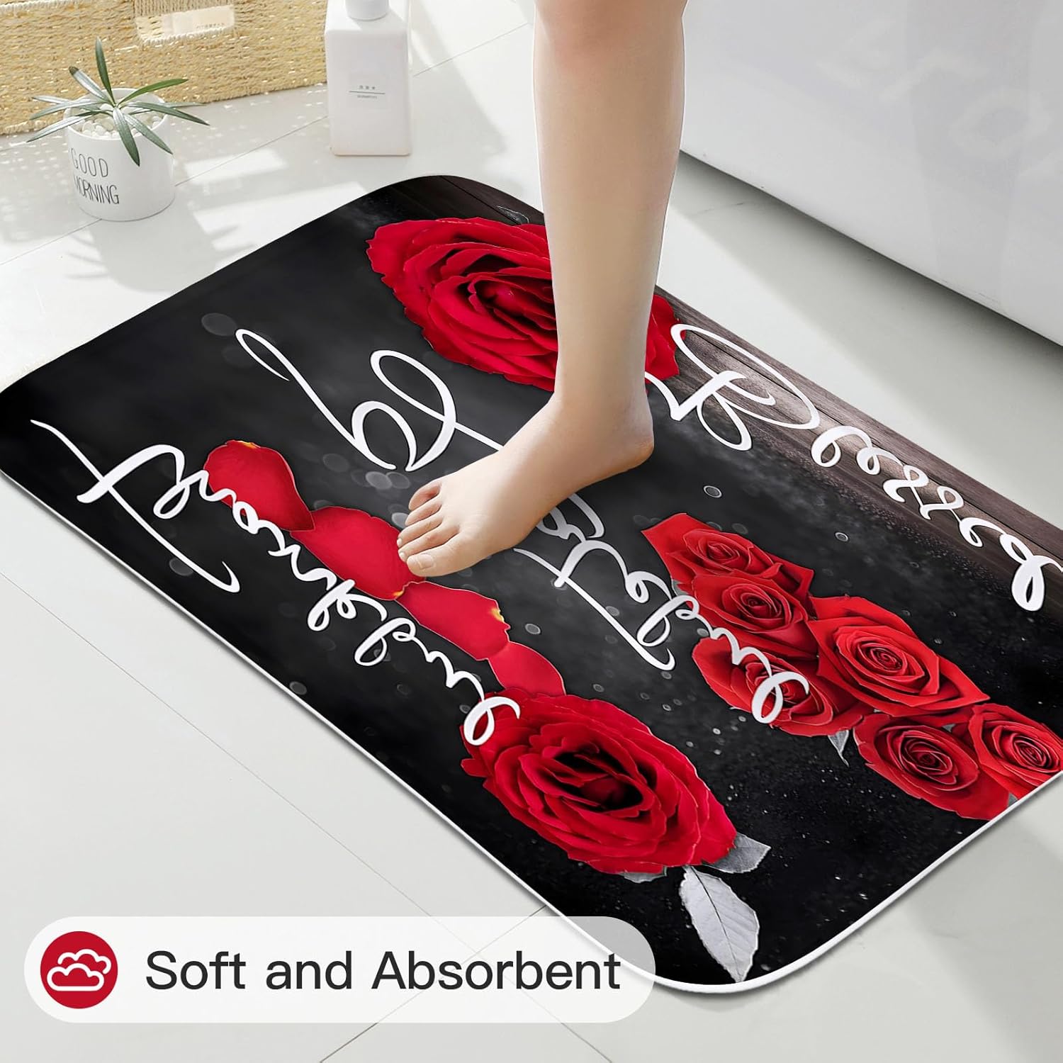 Litabel 4 Pcs Red Rose Shower Curtain Set with Non-Slip Rugs, Toilet Lid Cover and Bath Mat, Thankful Grateful Blessed Romantic Showy Elegant Floral Bathroom Decor Set with Shower Curtain and Rugs