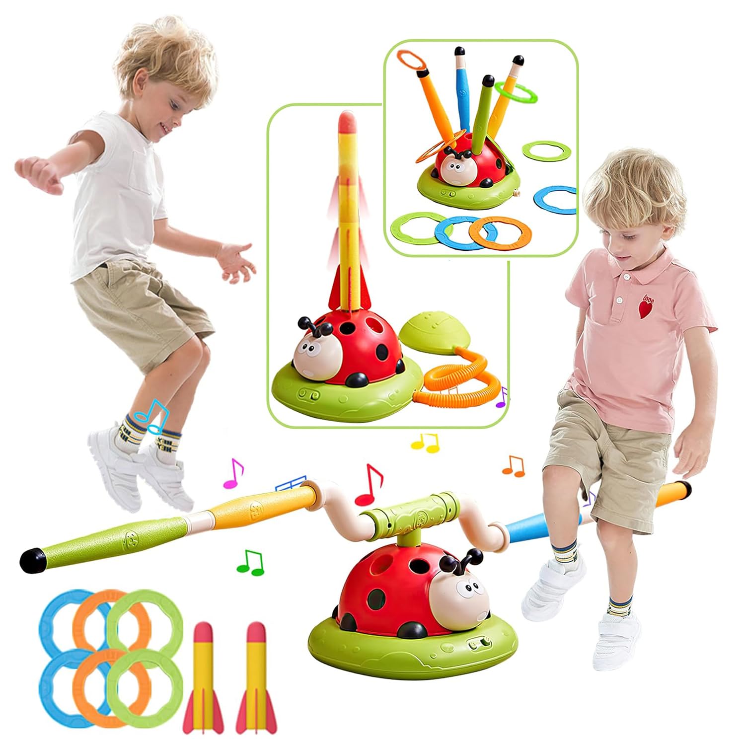 AquaFalcon Ladybug Ring Toy,3 in 1 Musical Jump, Ring Toss Game Toy,Stomping Launch Rocket Launcher for Kids Toys for Girls Boys 3-5