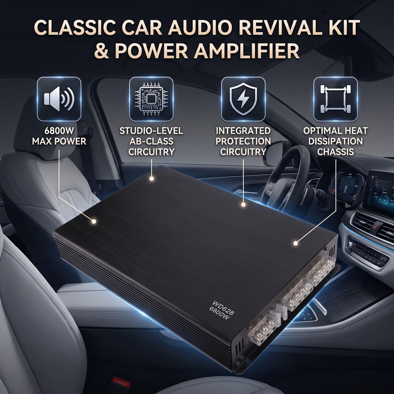 Amplificador de Potencia para Coche de 4 Canales, Amplificador de Audio para Automóvil, 6800 W Pico 80 W RMS X 4 a 2 Ohmios, for Sistemas de Altavoces para Coche