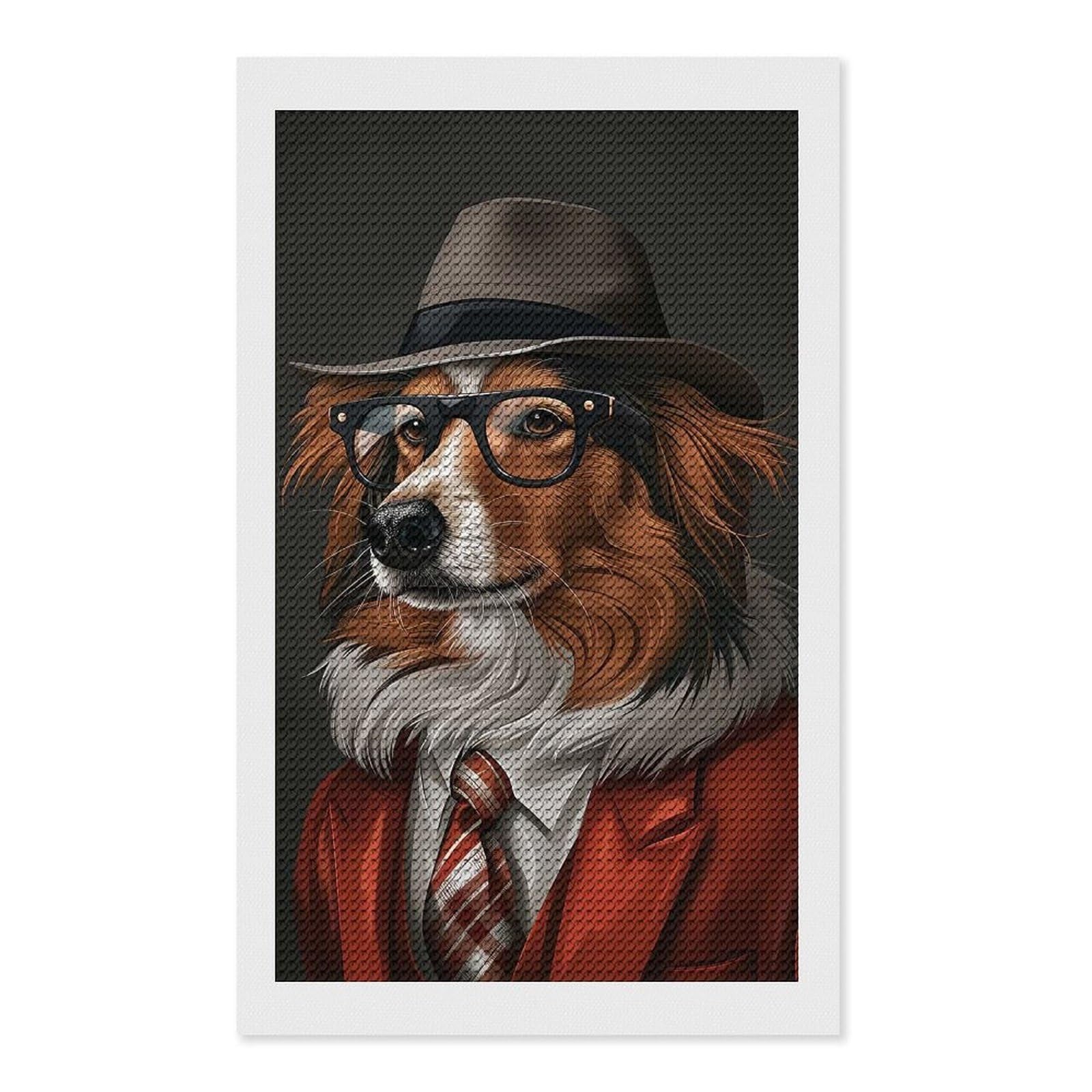 Junmoney Shetland Sheepdog in Suit and Hat Diamond Painting Set 12"x20", Stress Relief Craft, Easy to Enjoy, Vintage Style Decor, Festive Craft Gift