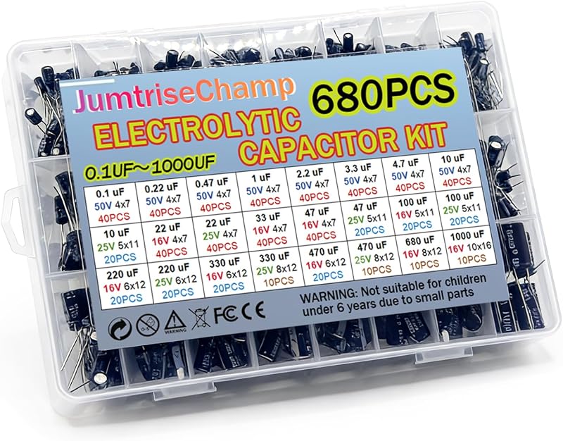680pcs Electrolytic Capacitor Kit 24 Values Aluminum Electrolytic Capacitor Assortment 0.1uF-1000uF 16V 25V 50V Radial Lead in-Line Capacitors Set for DIY Electronics Repair