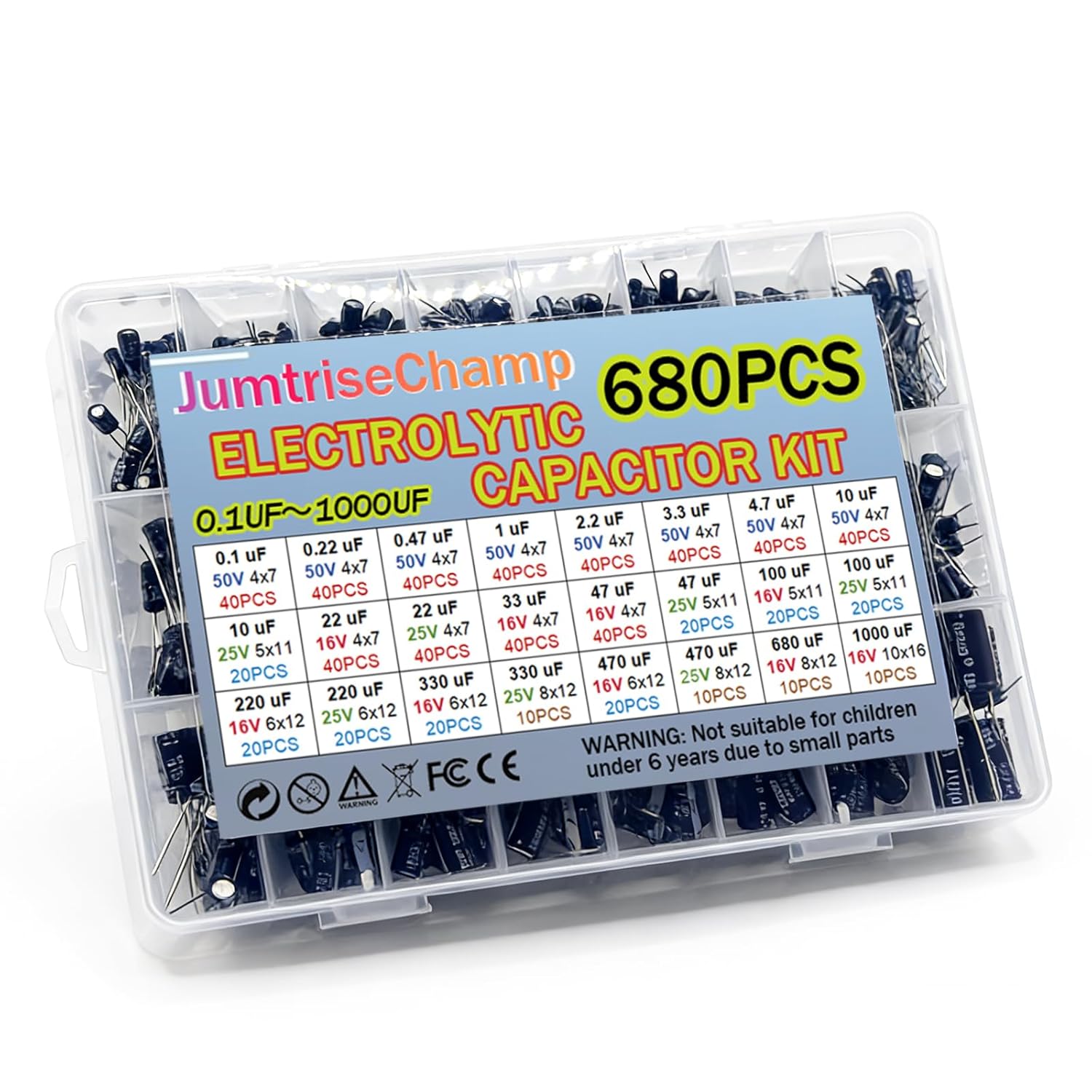 680pcs Electrolytic Capacitor Kit 24 Values Aluminum Electrolytic Capacitor Assortment 0.1uF-1000uF 16V 25V 50V Radial Lead in-Line Capacitors Set for DIY Electronics Repair