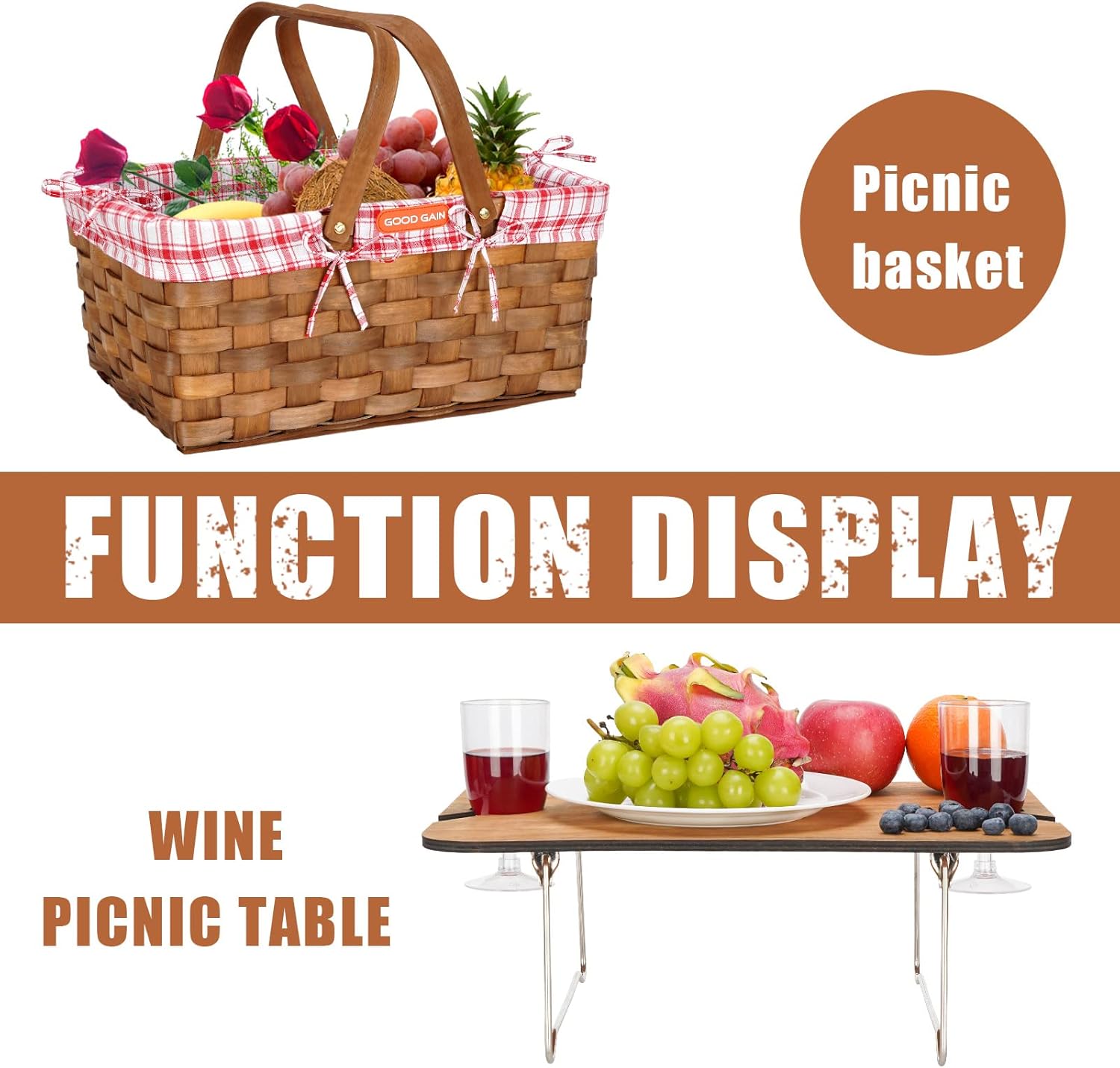 Woodchip Picnic Basket with Portable Wine Table, Woven Basket with 2 Swing Handles & Removable Lining, Empty Large Basket for Picnic, Outdoor, Camping, Family, Party, Wedding Gifts for Couple. RED : Patio, Lawn & Garden
